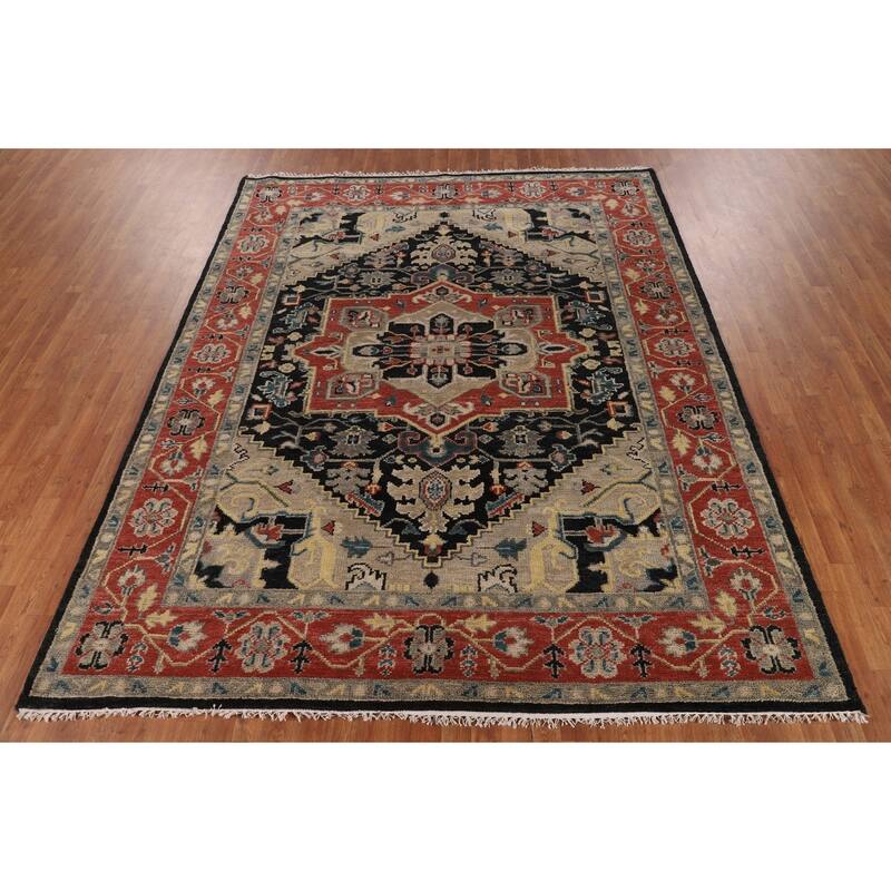 Black Geometric Heriz Serapi Indian Area Rug Hand-Knotted Wool Carpet - 7'11" x 9'9"