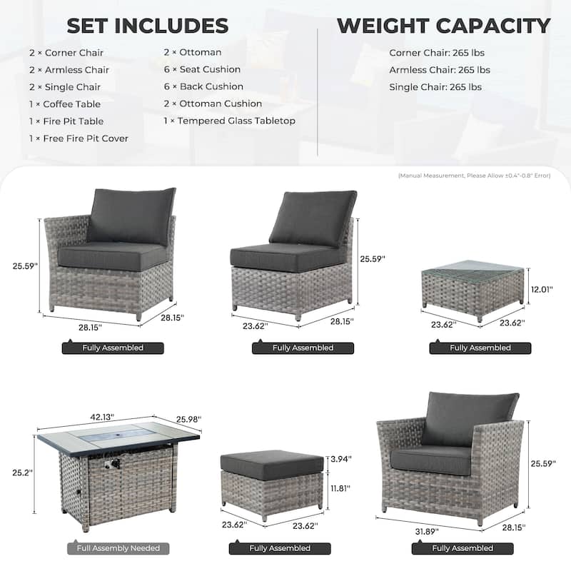 HOOOWOOO 10-piece Outdoor Furniture Rattan Sectional Set with Fire Pit Table.