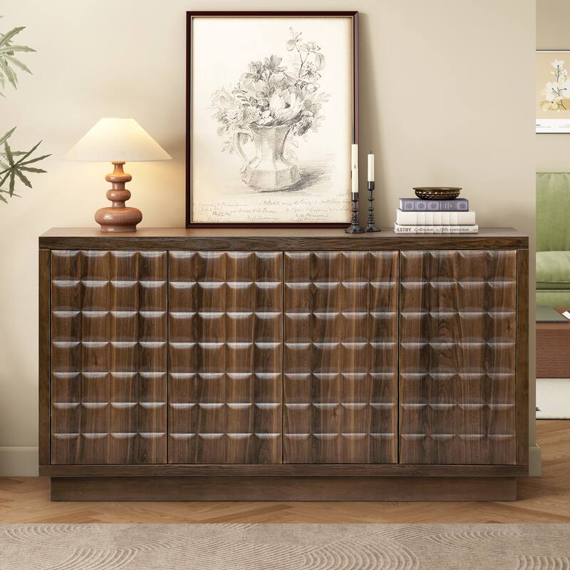 Christopher Knight Home - Voss 4 Door Storage Cabinet with 3D Geometric Doors and Metal Trim