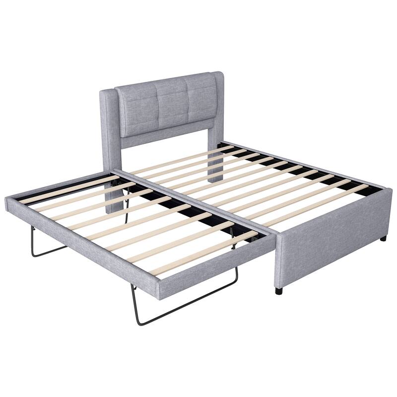 Full Size Upholstered Platform Bed with Adjustable Trundle, Gray