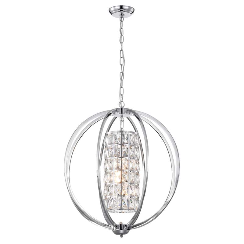Chrome 3-Light Globe Orb Chandelier with Crystal Lined Cylinder