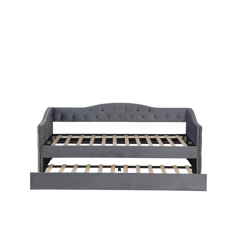 Twin Size Upholstered Daybed with Trundle and USB Charging Design, Sturdy Wood Slat Support, Wood Bed Frame,Plush Velvet Fabric