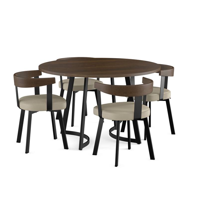 Amisco Joelle Table and Lars Chairs 5 Piece Dining Set - Brown Wood / Greige Faux Leather / Black Metal