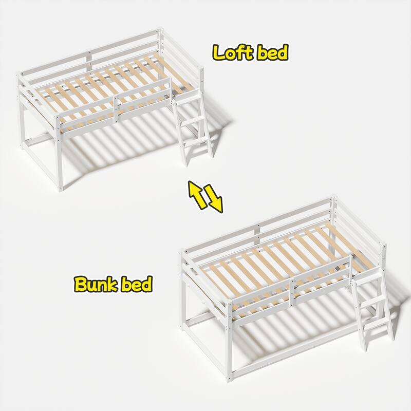 Kids Low Twin Size Loft Bed Convertible to Bunk Bed with LED Strip Lighting, Wooden Twin Over Twin Size Bunk Bed Frame