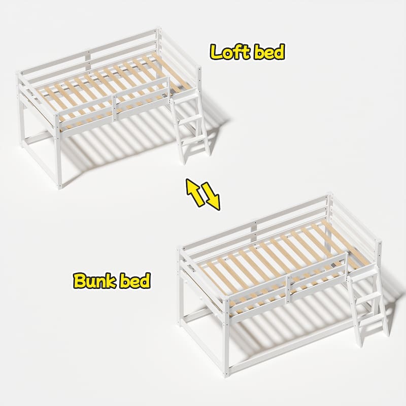 Modern Kids Twin Low Loft Bed - Convertible to Bunk Bed & LED Strip Lighting - White