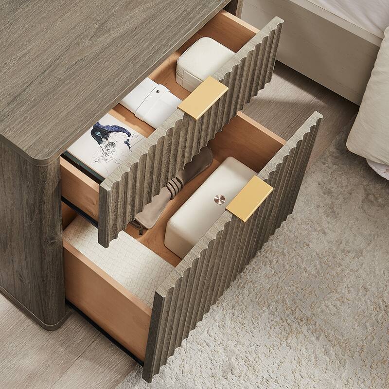 Modern Fluted Nightstand with Charging Station, 2 Drawer Bedside Table