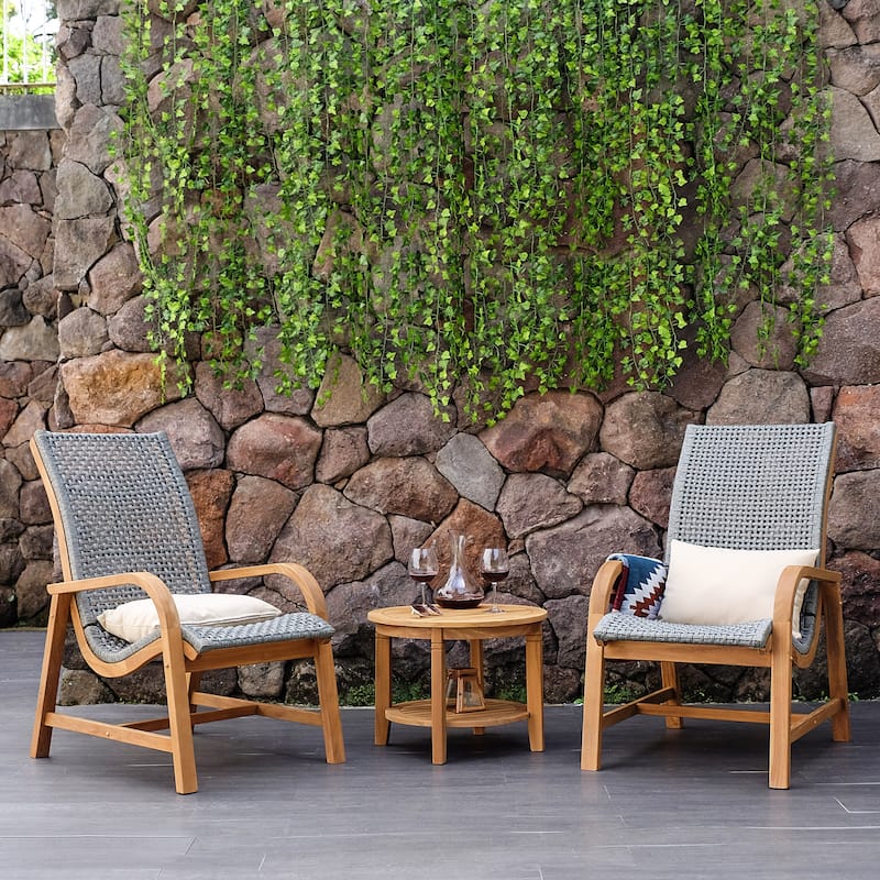 Cambridge Casual Dunham 3-piece Teak Wood Patio Chat Set - FREE Pillow - Natural Teak/Gray Woven Polyrope 