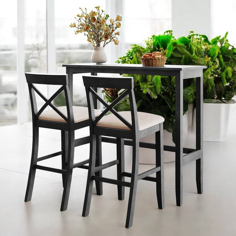3-Piece Bar Height Dining Set with 2 Upholstered Stools - 48" Acacia Wood Breakfast Table for Small Spaces and Dining Room - Gray