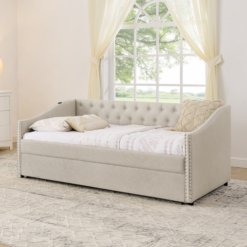 Twin Size Daybed with Pull Out Bed Trundle, Upholstered Button-Tufted Backrest Sofa Bed with Nailhead Trim & USB Charging Ports