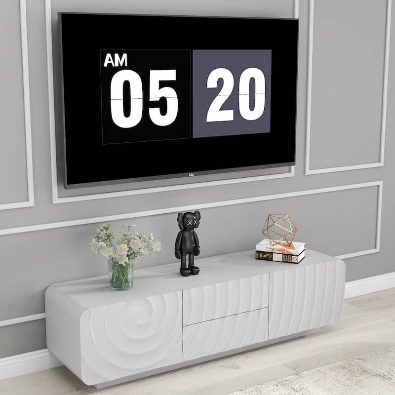 58" TV Console, Modern Spiral Wave Design TV Stand with Storage Cabinet and 2 Drawers - White