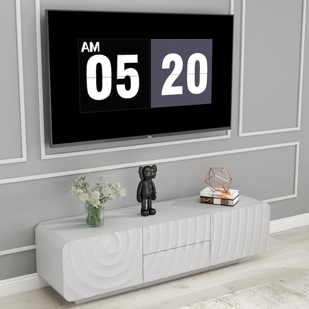 58" TV Console, Modern Spiral Wave Design TV Stand with Storage Cabinet and 2 Drawers