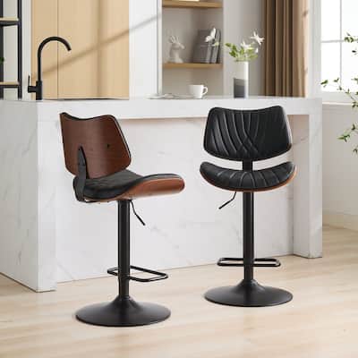 1 Piece Bar Stools, Counter Height Black Leather Upholstered 360°Swivel Bar Chairs