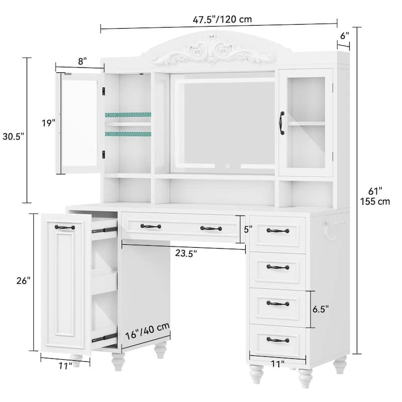 Moasis Modern 5-Drawer Makeup Vanity Table With Exquisite Carved and Built-in Charging Station