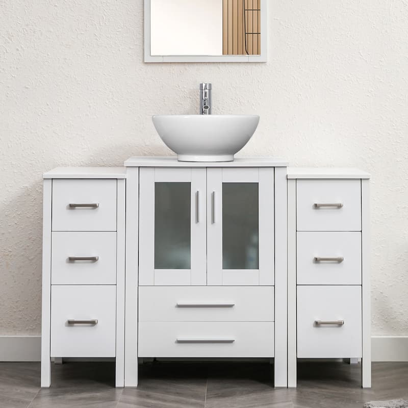 48" Bathroom Vanity Set Vessel Sink Faucet W/ Small Cabinet Combo - white ceramic round sink - White