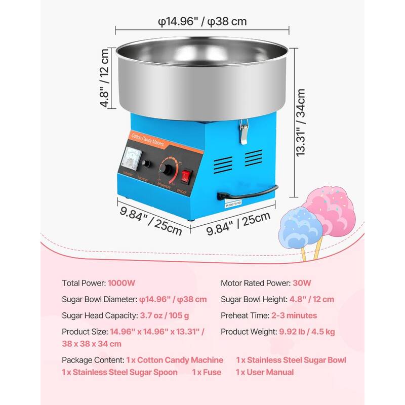 Blue Stainless Steel 1000W Cotton Candy Machine with 1 Hour Run and Easy Cleanup - 14.96x14.96x13.31 in