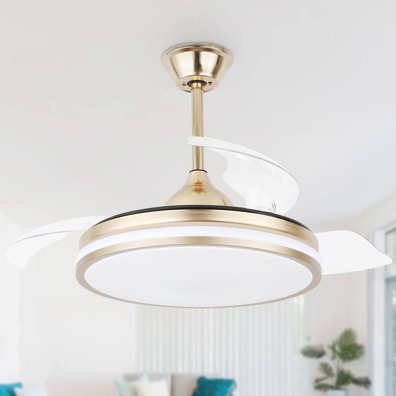 Cusp Barn 42 Inch Retractable Ceiling Fan with Lights and Remote 6 Speeds Noiseless DC Motor Ceiling Light for Bedroom - Gold