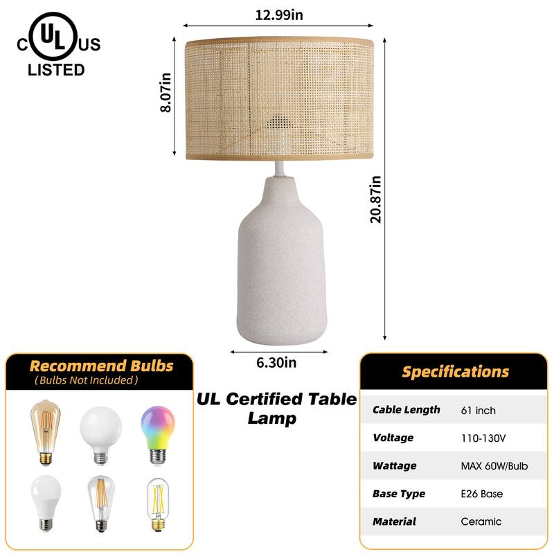 21 in. Boho Ceramic Table Lamp with Ceramic Base and Rattan Shade for Living Room, Bedroom, Dining Room