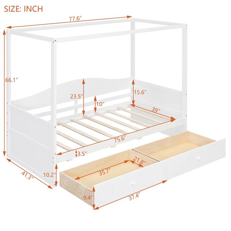 Twin Size Wooden Canopy Daybed with 2 Storage Drawers and Backrest, Space-Saving Solid Wood Frame