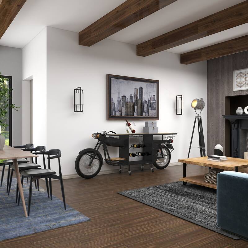 Black Metal Handmade One-of-a-Kind Reclaimed Motorcycle Bar with Light Up Headlights and Taillights - 105 x 18 x 38