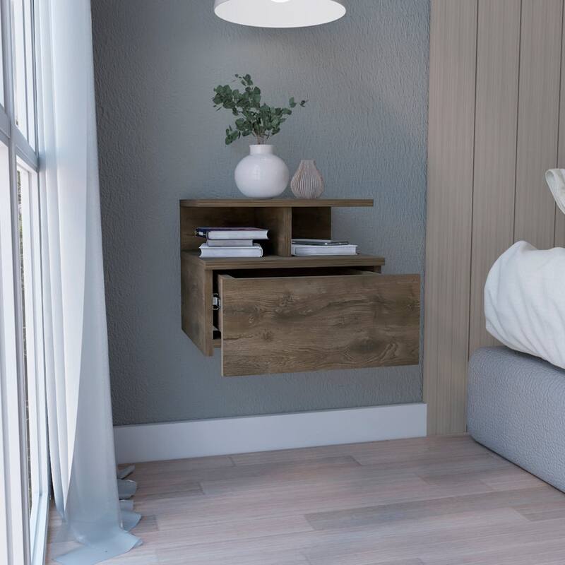 Wall-Mounted Floating Nightstand with Single Drawer and 2-Tier Shelf in Dark Walnut