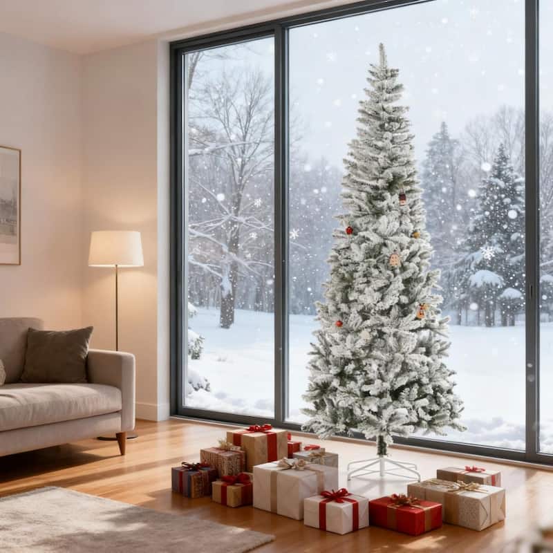 Snow-Flocked Slim Pine Christmas Tree - Realistic Branches - Green