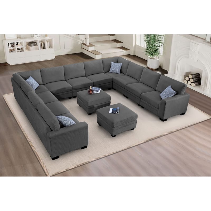 13 PC Modular Corduroy Sectional With Ottoman - Grey