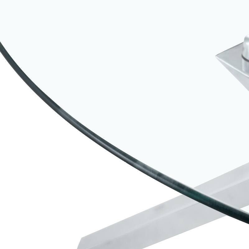 Round glass dining table suitable for 2-4 people diameter 39 inches, height 30 inches, X-shaped silver metal frame