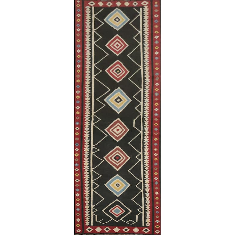 Hand Woven Oriental 100% Wool Carpet Southwestern Tribal Black Kilim Runner Rug - 17' 7'' X 5' 0''