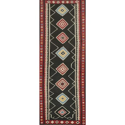 Hand Woven Oriental 100% Wool Carpet Southwestern Tribal Black Kilim Runner Rug - 17' 7'' X 5' 0''