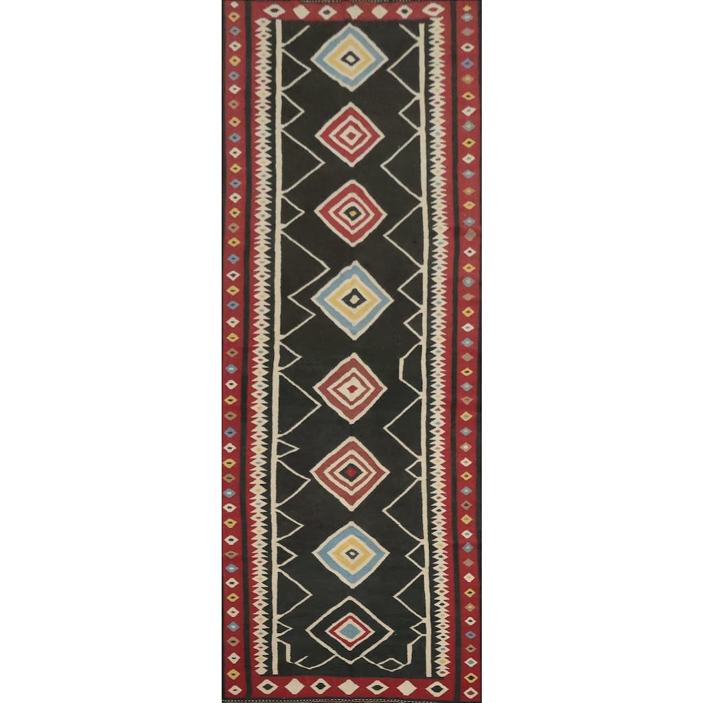 Hand Woven Oriental 100% Wool Carpet Southwestern Tribal Black Kilim Runner Rug - 17' 7'' X 5' 0''