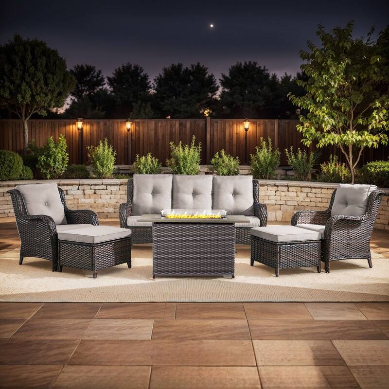 Fire Pit Table with Patio Sofa Chairs and Ottomans - Brown - Beige