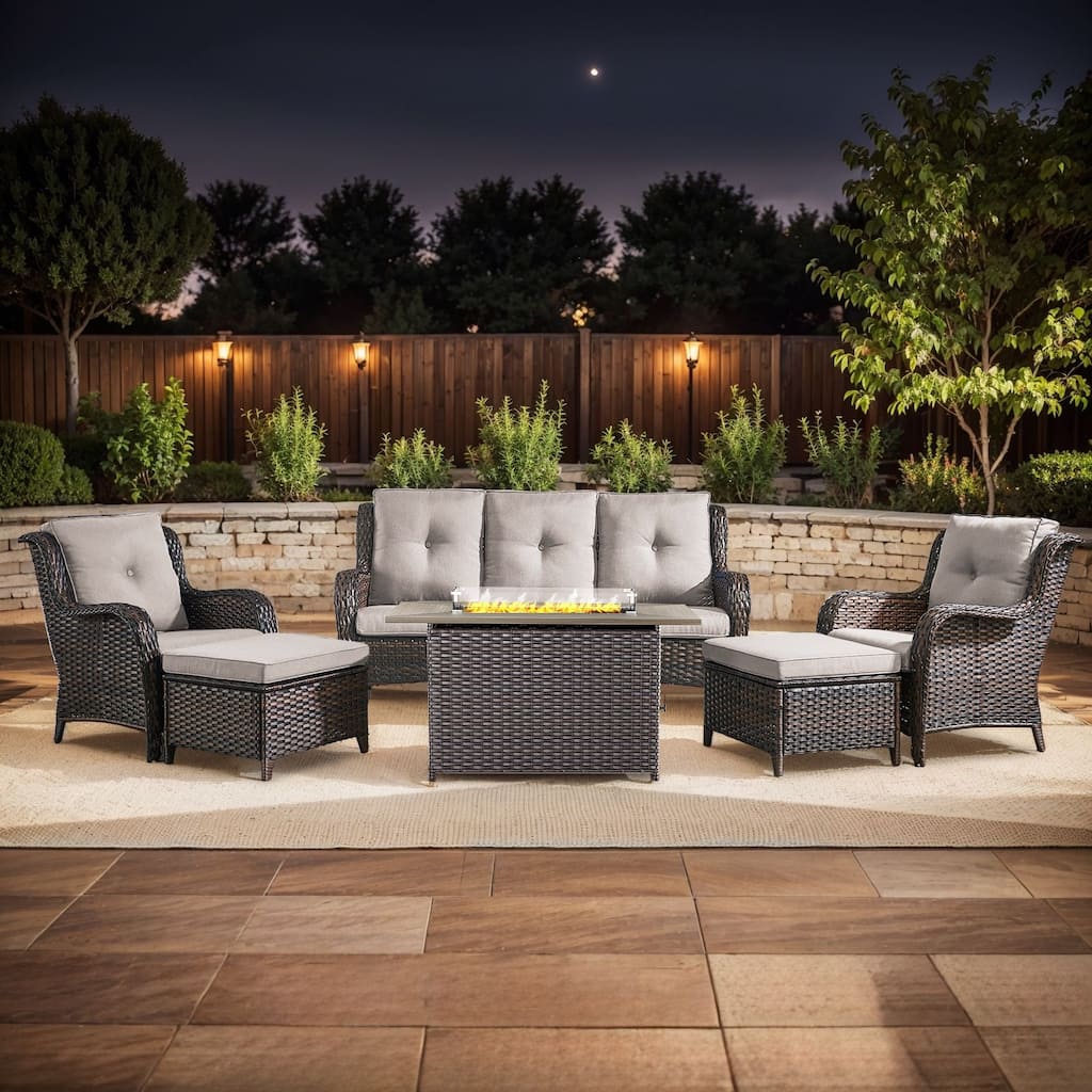 Gymojoy 6-Piece Outdoor Furniture Sofa Set with 2 Patio Chairs, 2 Ottomans & 55K BTU Fire Pit Table