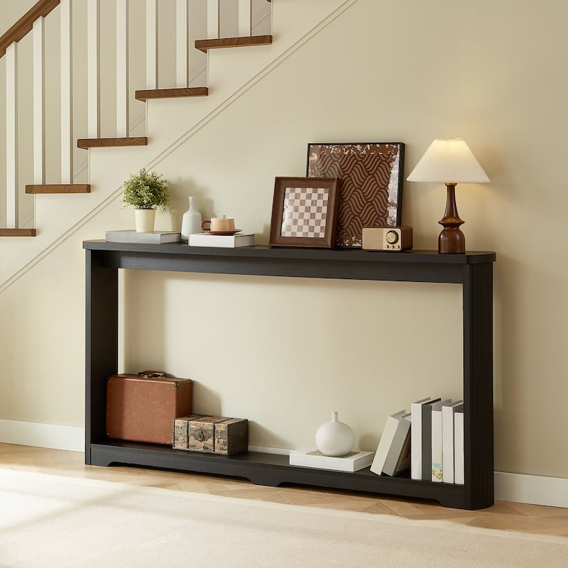 70.1"Corrugated Texture Storage Table, Narrow Wooden Console Sofa Table, Suitable For Entranceways, 70.1"L*8.7"W*35.5"H - Black