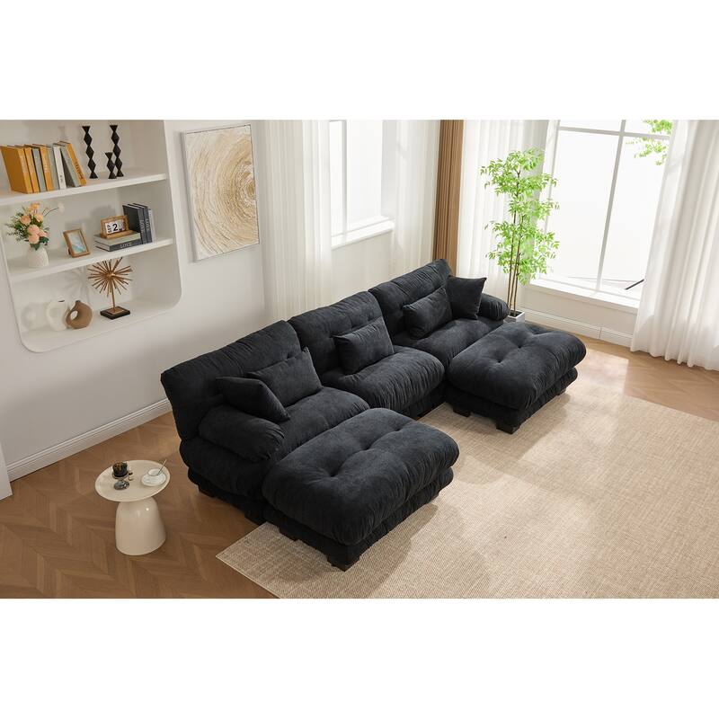 Pelletized velvet U Shape Cloud Couch with 2 Ottomans,Free Combined 3 Seater Comfy Sofa with Bolster Armrest Pillows