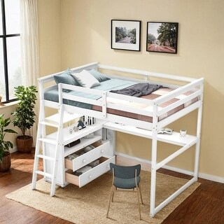 Wood Loft Bed Sturdy Frame with Desk and Shelves,2 Drawers,Full Size
