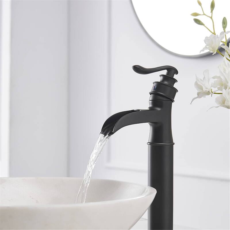 Waterfall Bathroom Vessel Faucet With Drain Assembly Single Handle Bathroon Vessel Sink Faucets One Hole Basin Vanity High Taps - Matte Black