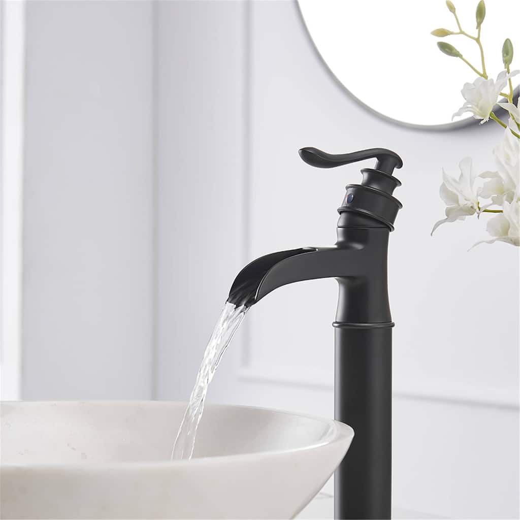 Waterfall Bathroom Vessel Faucet With Drain Assembly Single Handle Bathroon Vessel Sink Faucets One Hole Basin Vanity High Taps