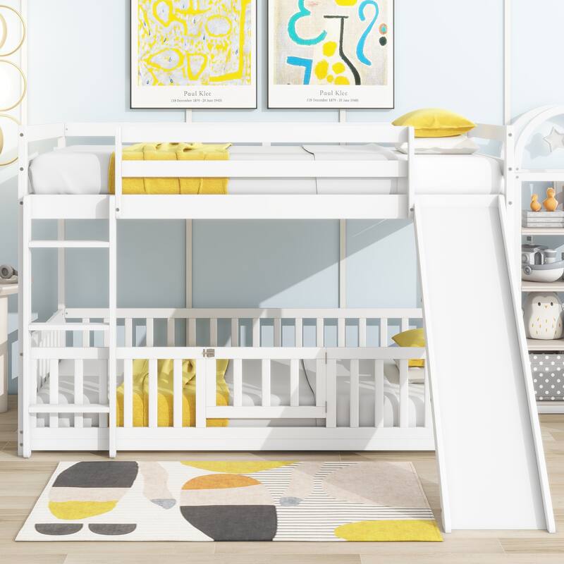 Twin Over Twin Low Pine Wood Bunk Bed with Guardrails, Slide and Ladder for Kids, No Slats Toddler Floor Bed with Fence and Door