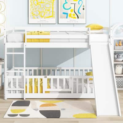 Twin over Twin Size Wooden Bunk Bed with Slide & Ladder & Door, Safety Guardrails Floor Bed, White