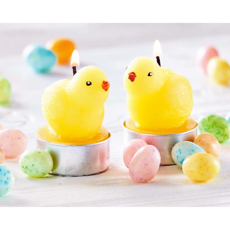 Easter Bright Yellow Paraffin Wax Baby Chicken Shaped Tealight Candle Set of 2 Burn Time 1 hour