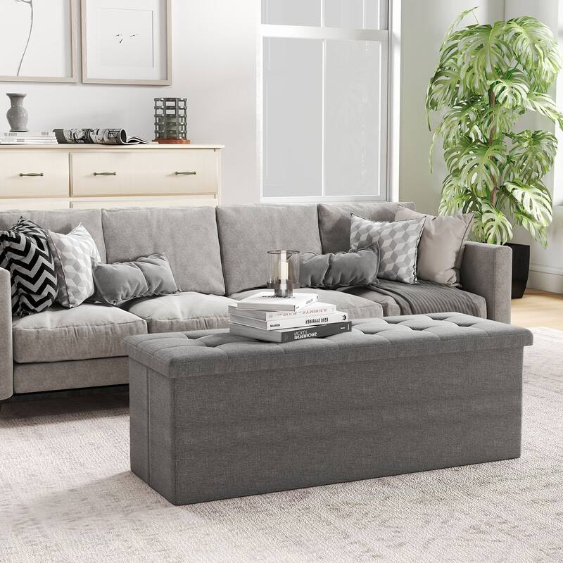 Large 38 Gallon Linen Fabric Storage Ottoman Bench Folding Multipurpose Footrest and Seat with Foam Cushion - 43" × 15" × 15"