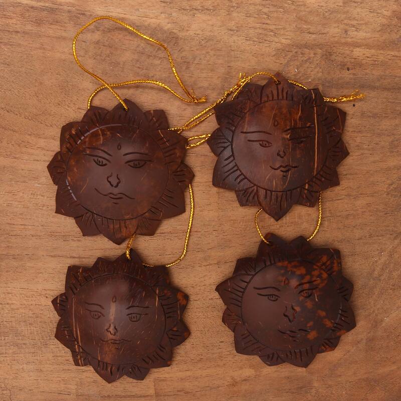Novica Handmade Tegalalang Sun Coconut Shell Ornaments (Set Of 4)