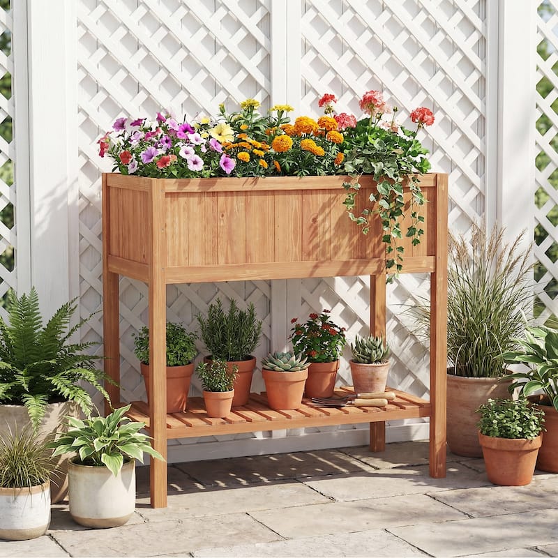 Gymax 2PCS Wooden Raised Garden Bed w/ Legs Liner Storage Shelf Large