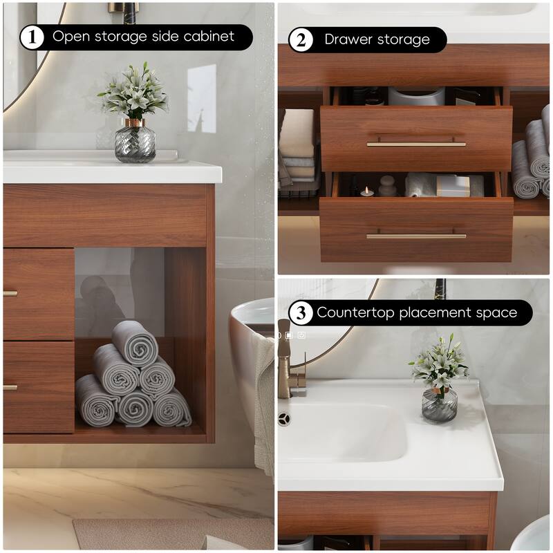 GDFStudio - Luxury 35.4" Floating Sintered Stone Bathroom Vanity with Ceramic Sink & Soft-Close Drawers