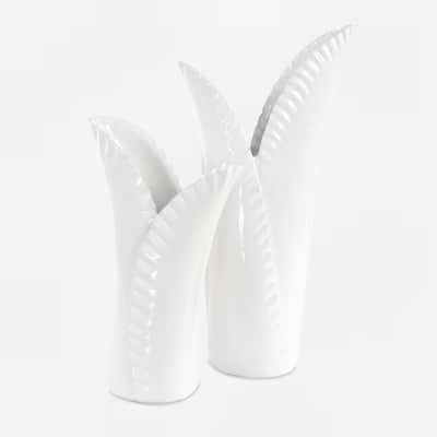 Rippled Edge Ceramic Leaf Vases - 15" - White - Set of 2