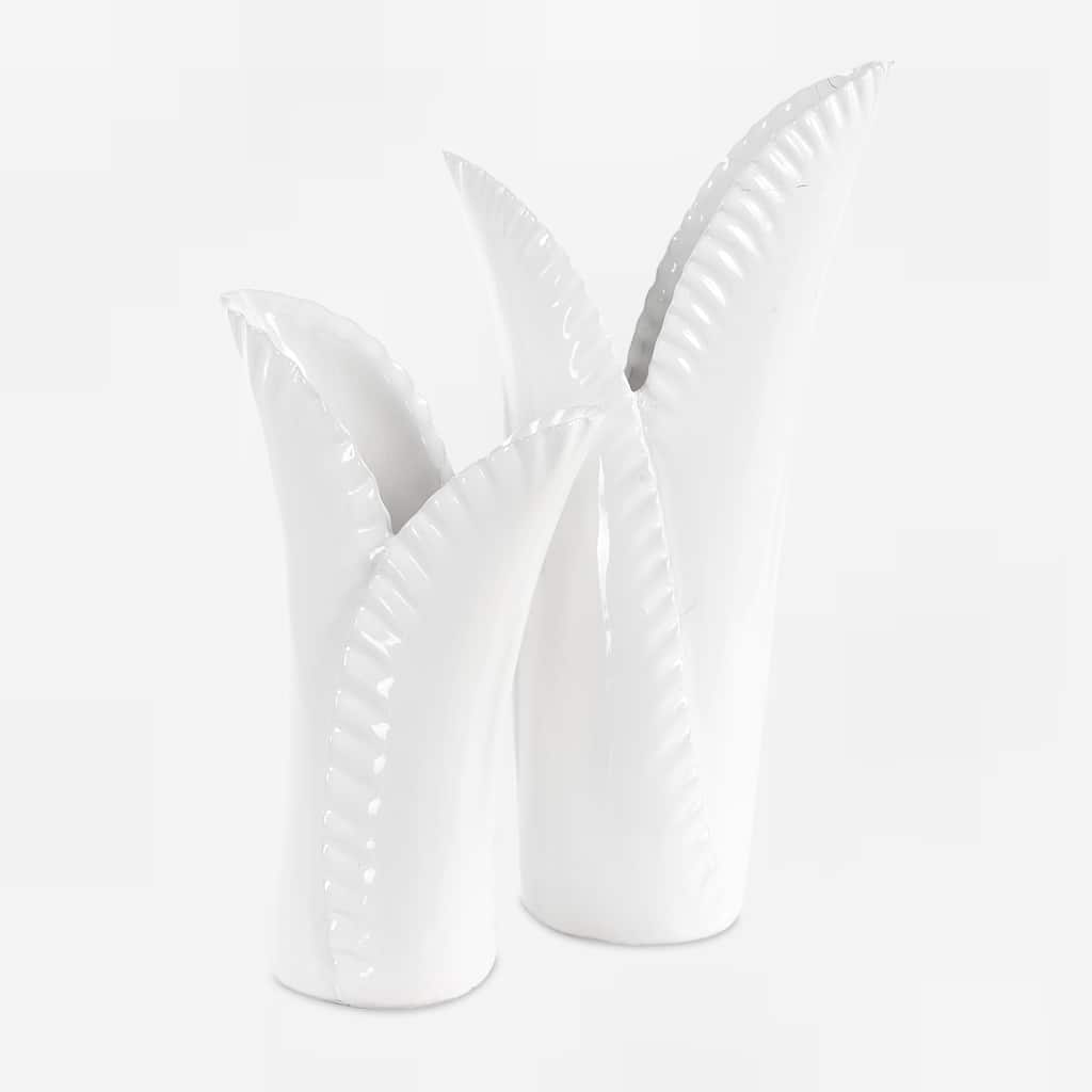 Rippled Edge Ceramic Leaf Vases - 15" - White - Set of 2