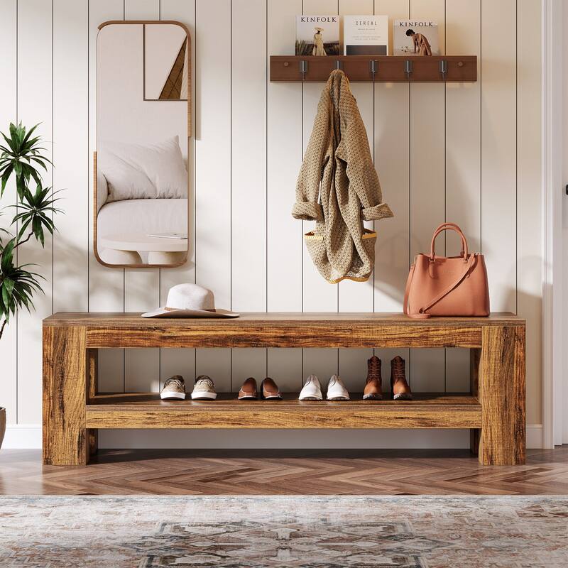 Farmhouse Wooden Entryway Bench, 59" Indoor Console Shoe Bench