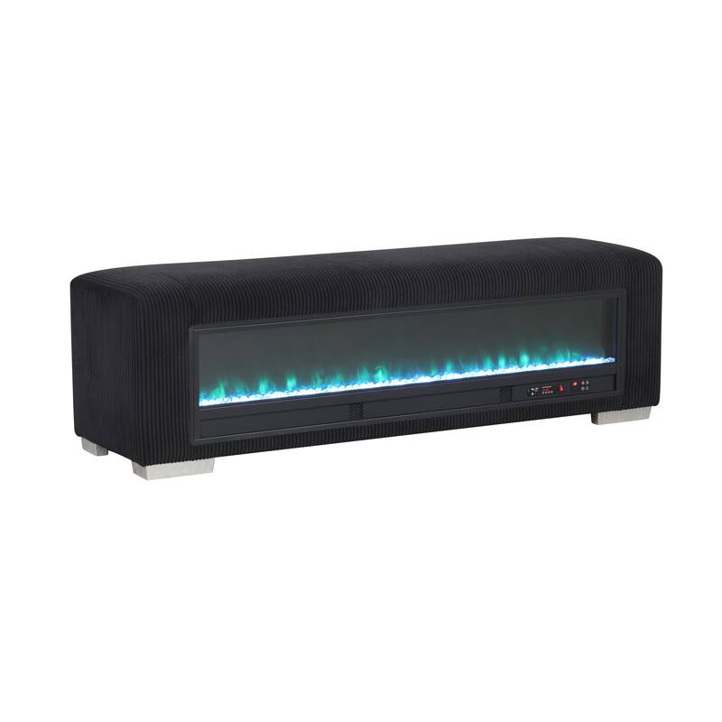 Furniture of America Goffney Chenille Bench with Fireplace Simulator and Bluetooth Audio