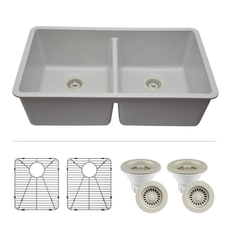 Lexicon Platinum 32" Quartz 50/50 Double Bowl Sink with Grids & Drain