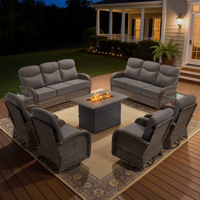 Luna 9-Piece Wicker Outdoor Patio Fire Pit Sofa Set with 6-Inch Thick Cushions